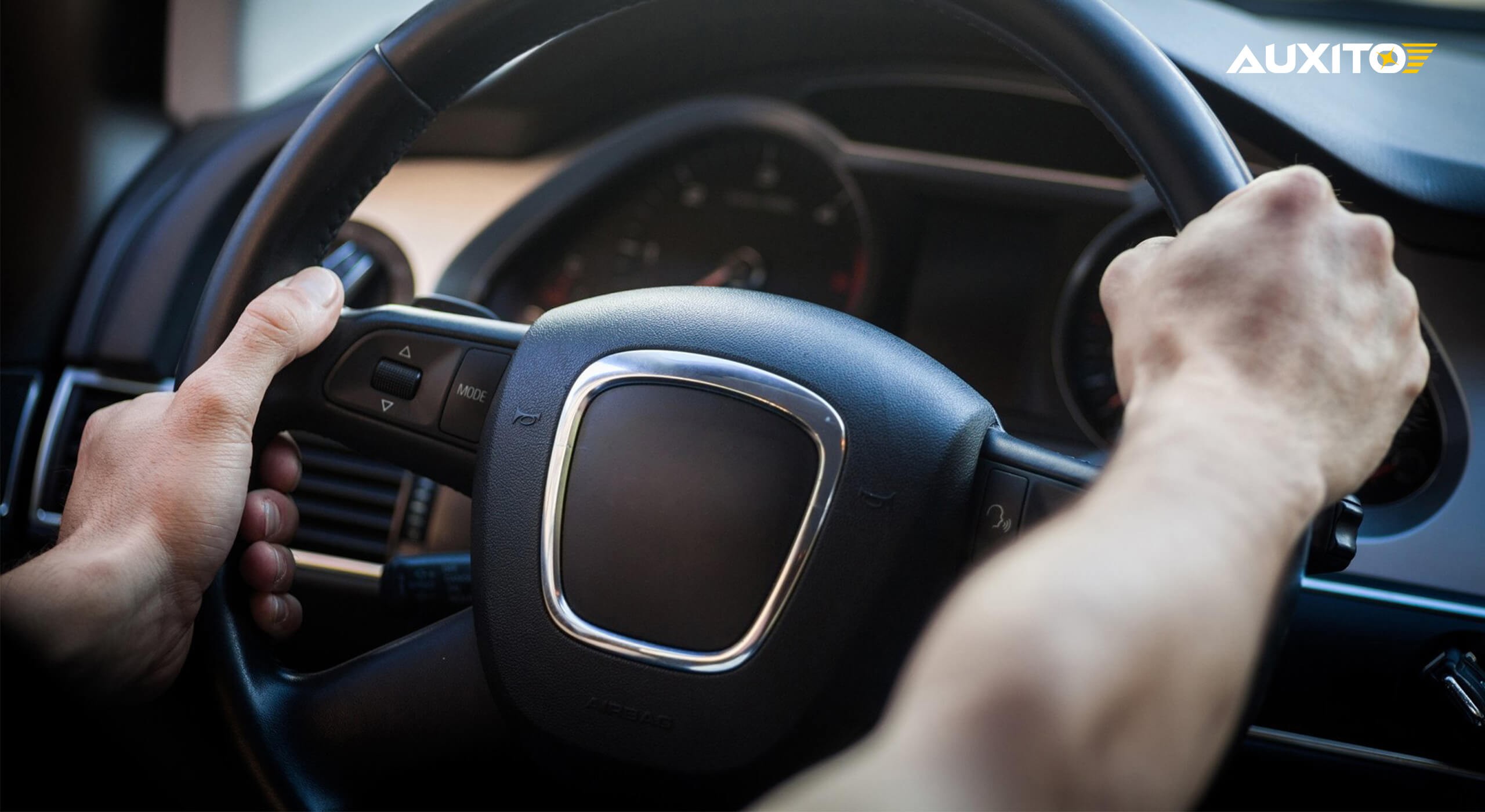 Detailed view of a car steering wheel with horn button in the center, emphasizing driver control and safety features.