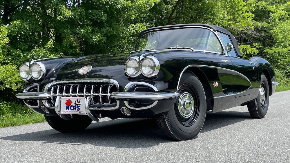 Front view of a black 1960 Corvette Big Brake Fuelie showcasing its iconic grille and headlights