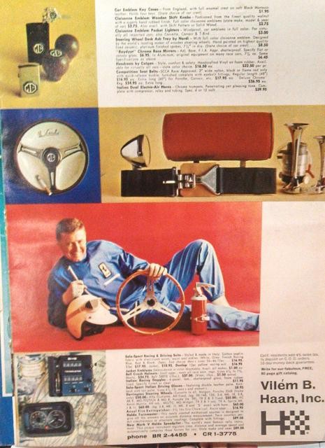 Vintage Vilem B Haan car parts advertisement from a 1965 magazine, showcasing a variety of automotive accessories and performance parts.