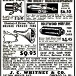 July 1950 JC Whitney Popular Science Ad showcasing a variety of car parts and accessories.