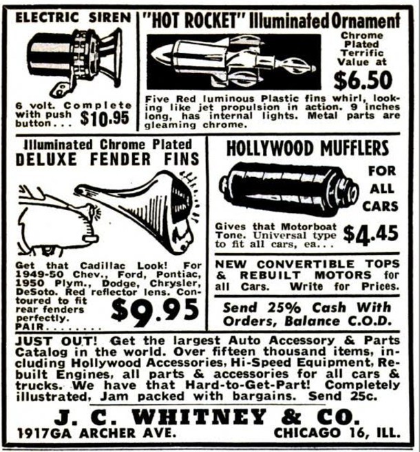 July 1950 JC Whitney Popular Science Ad showcasing a variety of car parts and accessories.