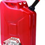 Red gas can for storing emergency fuel, essential for hurricane preparedness.