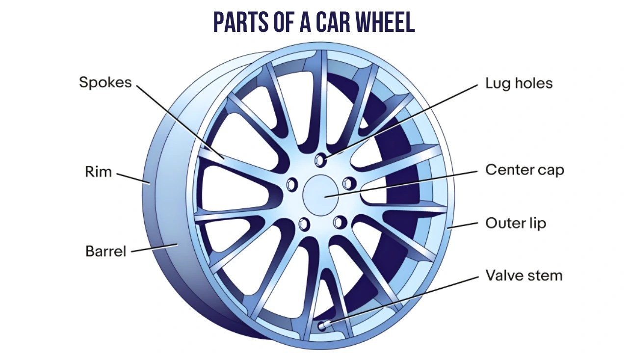 Diagram of car wheel parts with labels pointing to rim, tire, hub, spokes, and valve stem